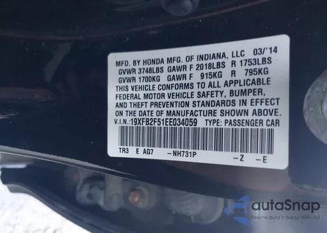 2014 Honda Civic Lx from USA, damaged, VIN 19XFB2F51EE034059